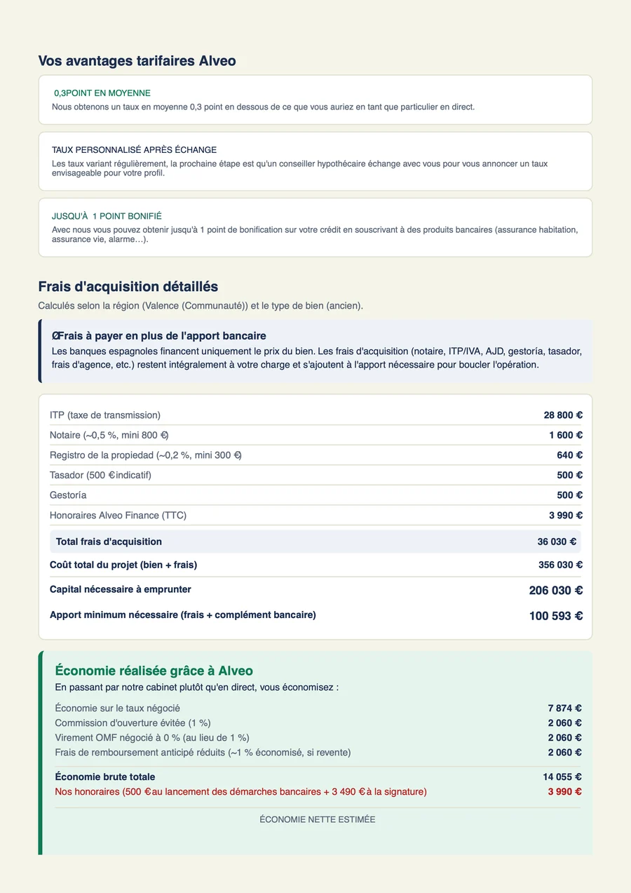 Page du rapport : frais d'acquisition détaillés et économies