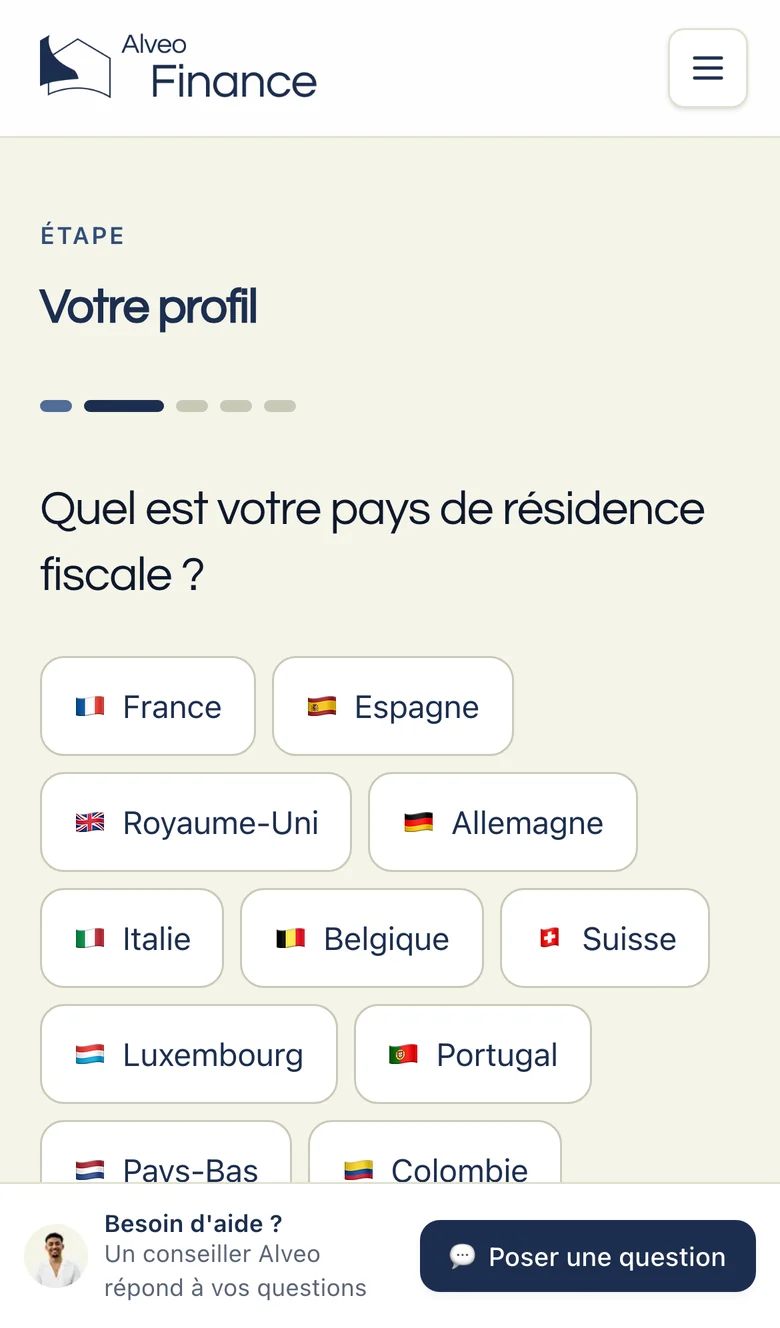 Le simulateur sur téléphone : choix du pays de résidence fiscale